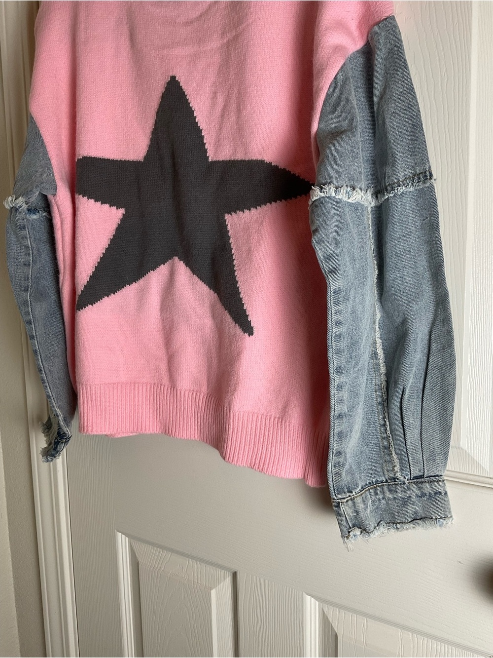 Double Take Star Knit Denim Sleeve Sweater Pink Grey S/M New - Picture 3 of 9